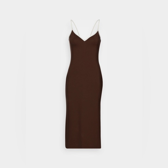 NWOT Abercrombie Notch Neck Brown Dress With White Piping And Slit - Picture 5 of 14